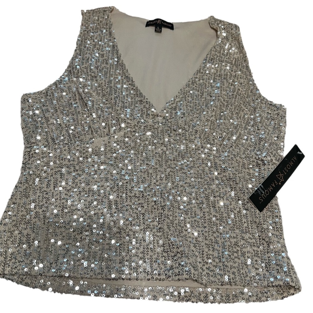 Almost Famous Cream Sparkle Sequin V-Neck Sleeveless Top | NWT | Size L